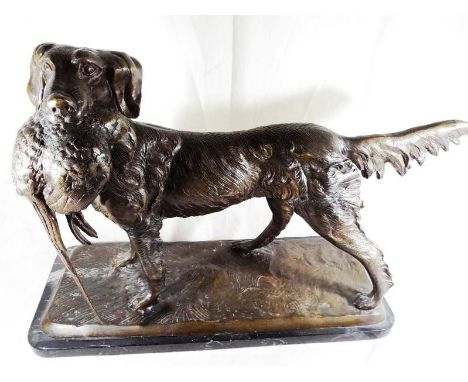 A large bronze sculpture depicting a gundog carrying a pheasant mounted on an Italian marble base, 43 cm (high) - Est £150 - 