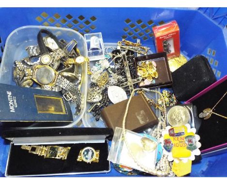 A large collection of costume jewellery, Commemorative coins, watches to include Citizen, Rotary, Realm, Butlins Pwllheli 196