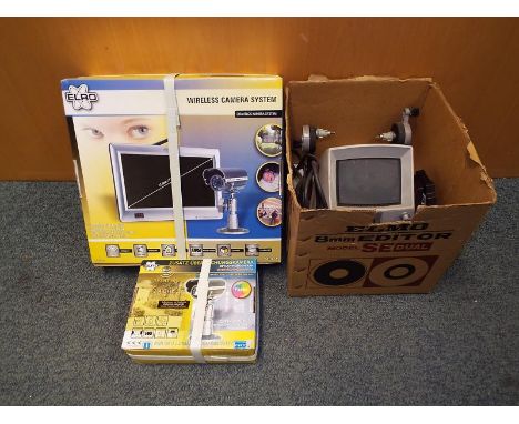 A Elmo wireless camera system and an extra security camera, boxed and unused and an Elmo 8mm editor (3)