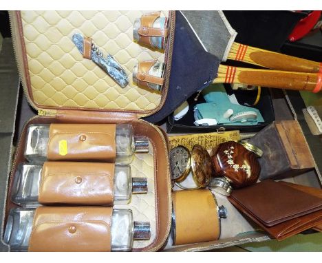 A good mixed lot to include a Dymo label maker, travel set, leather wallet, hip flask, Dunlop tennis rackets and other