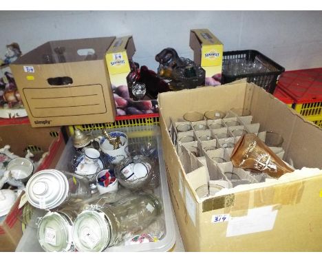 Five boxes containing a mixed lot of glass ware to include drinking glasses, ornamental glass, a small collection of ceramic 