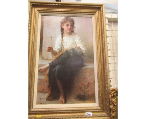 Colour print, portrait of girl sewing. after W Royeyereay, 23ins x 14ins