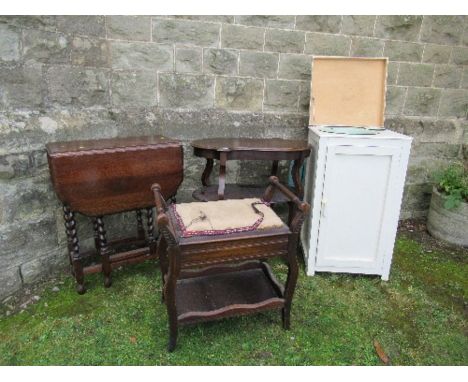 A collection of furniture to include gate leg table, piano stool, shaped occasional table, and wash stand