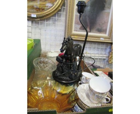 Four boxes of assorted plate, china, glass, table lamp, etc.