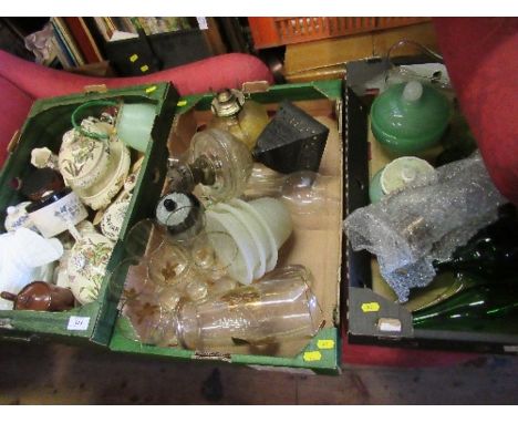 Three boxes of sundry china and glass, including oil lamp
