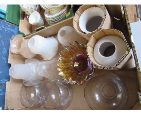 Three boxes of assorted oil lamp parts, lamp shades