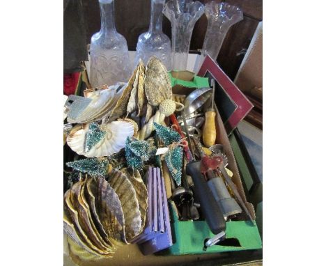 A box of sundries, to include decanters, scallop shells, cutlery, etc.