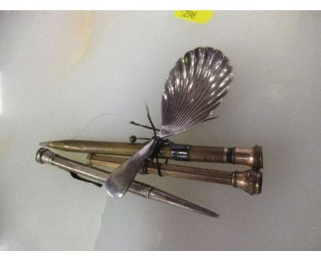 A caddy spoon, and three various pencils