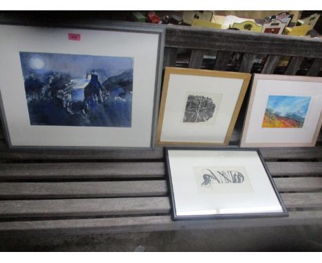 Pictures to include Rina Bray - Pipers Cottage watercolour, Anne Desmet wood engraving, Monica Epstein coloured etching, and 