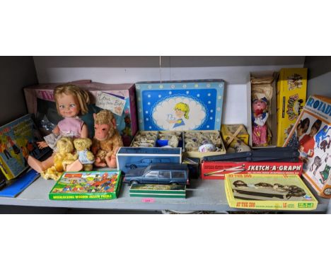 Vintage toys to include a boxed Tiny Tears doll, two standard Pelham puppets - Foal and Dutch Girl, boxed porcelain child's t