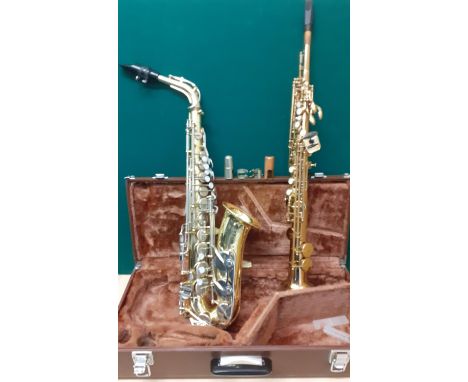 A cased Yamaha Alto saxophone A/F with inscription 'Altwood School' together with a Jupiter gold tone soprano saxophone havin