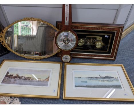 A mixed lot to include a barometer, gild metal mirror, two signed limited edition prints and a picture made from clock partsL
