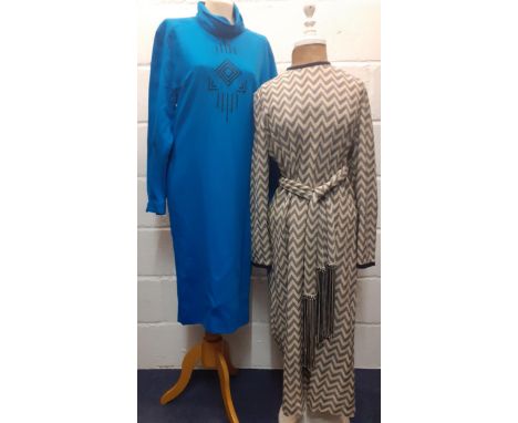 Mixed 1960's and later clothing to include a Saks Fifth Avenue cream and navy chevron patterned dress with matching sash belt