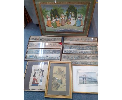 A group of prints and watercolours to include hunting scenes together with a papyrus picture, framed and marquetry panels and