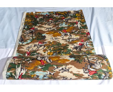 A roll of fabric with hunting scenes