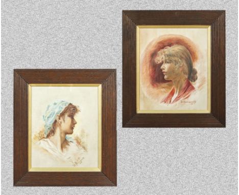 A pair of oak framed oil on canvas paintings of head and shoulders of ladies, signed M Hollingworth 1902. Total size 49cm x 4