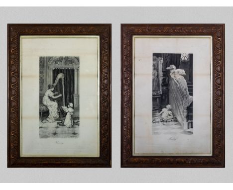 Two large oak framed prints by Sydney Muschamp - 'Mischief' and 'Her first' total size 81cm x 58cm