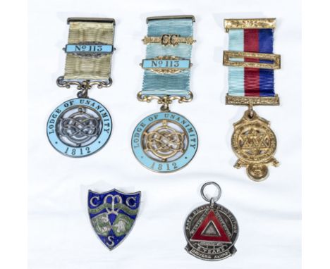 Four silver and enamel badges and a gilt metal Masonic medal