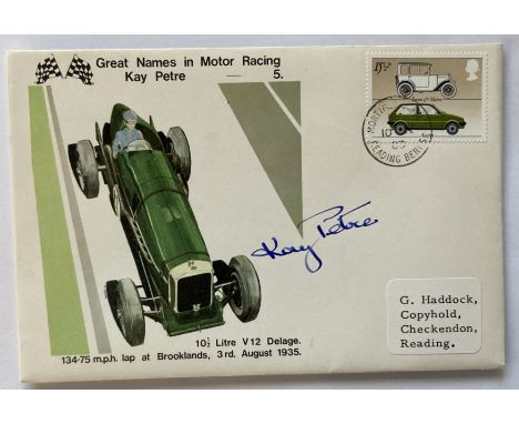 Kay Petre signed Great Names in Motor Racing cover with V12 Delage Brooklands 1935 illustration. Kathleen Coad Kay Petre (née