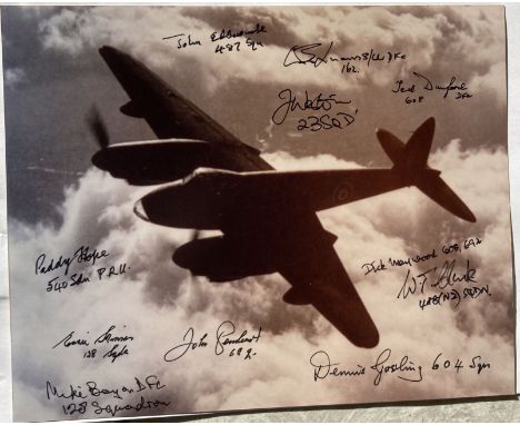 WW2 Eleven Mosquito veterans signed 10 x 8 inc Mossie in flight photo. Signed by Dennis Gosling 604 sqn, W T Clark 488 sqn, D