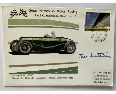 TASO Mathieson signed Great Names in Motor Racing cover with Maserati 8c France 1946 illustration. Taso' Mathieson started ra