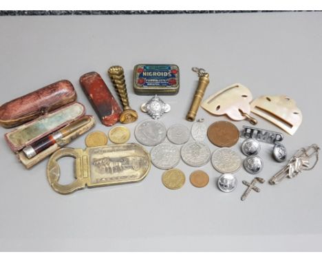 Tray of mother of pearl buckle, brass seal dedicated together with sealing wax, silver mounted cheroot holder in case, also i
