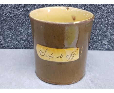 A 19th century Soil Hill Pottery Halifax frog mug by Isaac Button inscribed "Sup it Off".