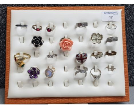 Display ring stand holding 19 different costume rings, CZs, union jack etc