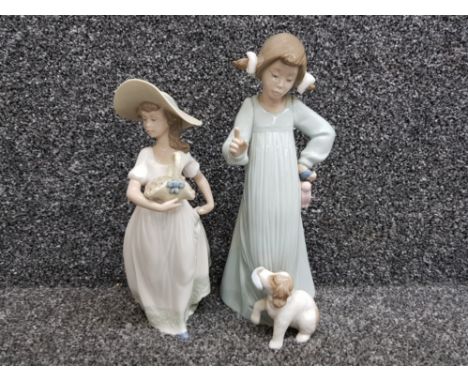 2 Nao by Lladro figures girl with flower basket &amp; girl with puppy