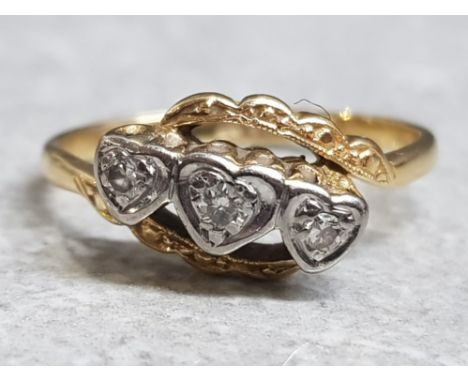 18ct yellow gold &amp; Diamond 3 stone Heart ring, size M, 2.6g gross