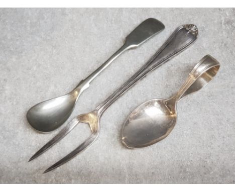 Hallmarked Birmingham silver 1935 caddy spoon 18g, together with EPNS pickle fork &amp; silver plated spoon