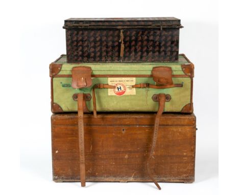 An antique Drew &amp; Sons canvas and leather traveling trunk, 94cm wide x 56cm deep x 34cm high; a 19th century teak trunk, 