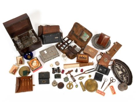 A mixed lot to include a 19th century decanter box with four decanters, A Kodak folding camera, a Nettar folding camera, a sm