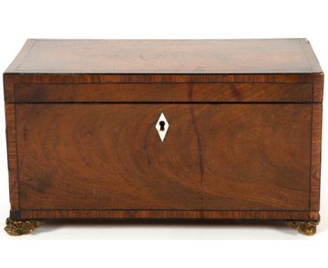 A Georgian mahogany and rosewood crossbanded tea caddy boxes with satin wood lids, all raised on brass feet, 30cm wide x 15cm