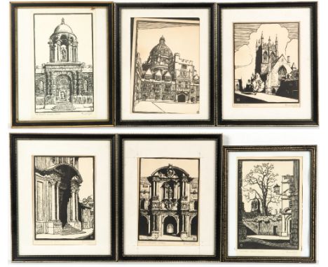 Bernard Cecil Gotch (1876-1963) Six Oxford city architectural scenes, woodcuts, to include St Johns College, Queens College, 