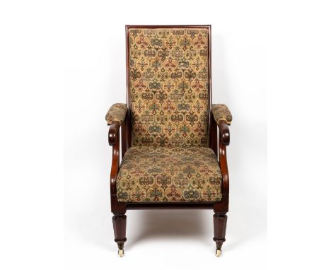 A Victorian mahogany reclining open arm library chair with upholstered back, arms and seat, turned and faceted front legs, th