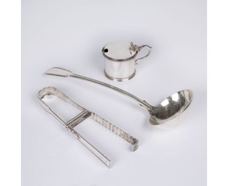 A Georgian silver ladle by Carrington & Co, 1902, reputedly formerly the property of the Earls of Derby, a drum-shaped mustar