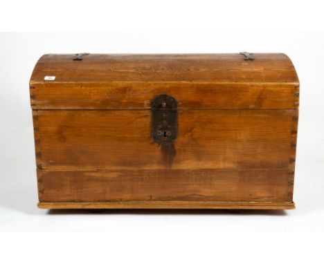 A 19th century pine dome topped trunk with iron mounts, 97.5cm wide x 53cm deep x 62cm highCondition report: iron lock plate 