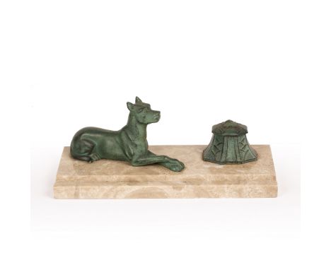 A desk stand, the marble base mounted with a bronze coloured cast metal hound and inkwell, 30cm wideCondition report: At pres