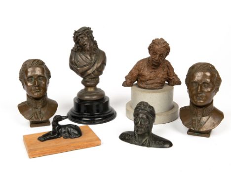 A Modern Bronze Bust of Christ, on an ebonised socle, 20cm high overall together with a spelter bust of Dante, three resin bu