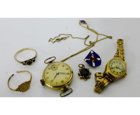 A gold cased wristwatch, lacking strap, together with a yellow metal dress ring, a 9ct signet ring (a/f), a 9ct gold chain se