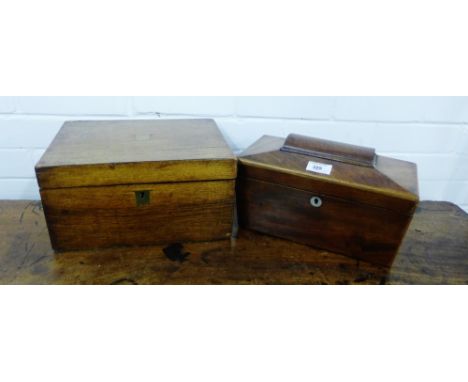 A mahogany sarcophagus shaped tea caddy, 30 x 17 cm  together with a 19th century mahogany box, (2) 