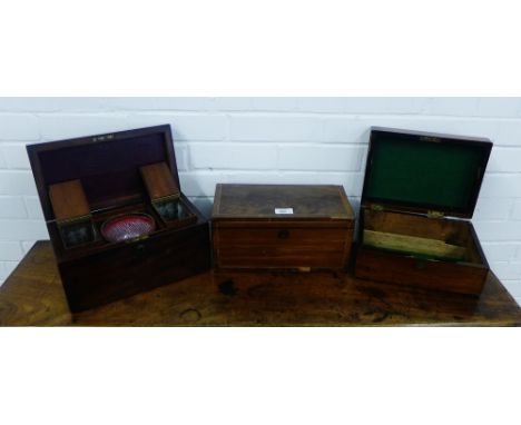 A mahogany and inlaid tea caddy together with a mahogany example and a stained wood box, (3) 