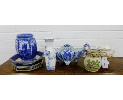 A mixed lot to include a set of fancy bird pattern octagonal plates and a bowl, a Ringtons Maling ware jar and cover, a 19th 