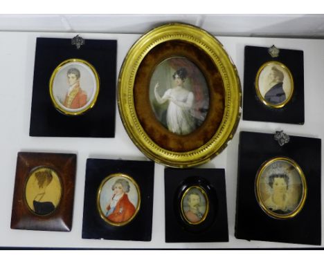 A collection of portrait miniature on card to include a gilt oval framed depicting an early 19th century female, another of a