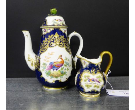A Royal China Works Worcester fancy bird patterned cream jug, together with a similar unmarked coffee pot and cover, tallest 