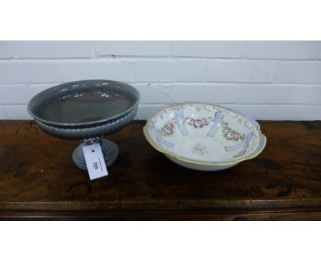 A Noritake bowl and a green glazed half gadrooned pottery comport (2)