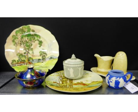 A mixed lot to include Crown Devon Lustrine florescent miniature vase and bowl, two Royal Doulton plates, a Dudson jar and co