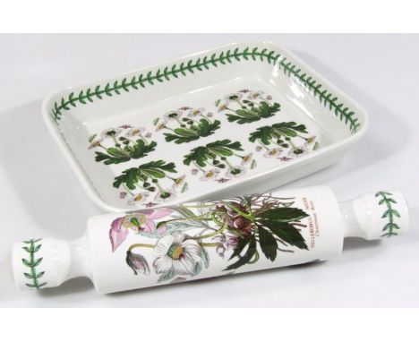 A modern Portmeirion dish decorated with flowers, 31cm wide and a similar design rolling pin. (2)