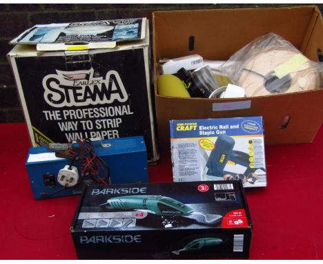 An Earlex Steama wall paper stripper, a quantity of belts of sandpaper, 10cm wide, an electric nail and staple gun, various o